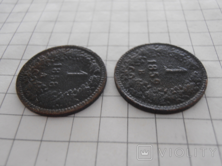Дві монети одмим лотом:1 крейцер1858р А.;1 крейцер 1859р.В., фото №5