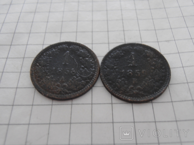 Дві монети одмим лотом:1 крейцер1858р А.;1 крейцер 1859р.В., фото №10