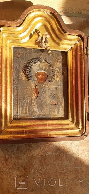 Икона в киоте св. Николай серебро позолота, фото №8