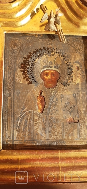 Икона в киоте св. Николай серебро позолота, фото №2