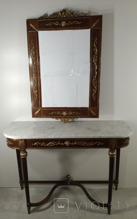 Вінтажний комплект столик і зеркало з мармуром і елементами бронзи арт. 0934, фото №4