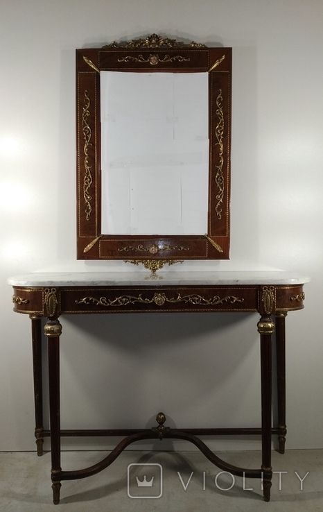 Вінтажний комплект столик і зеркало з мармуром і елементами бронзи арт. 0934, фото №2