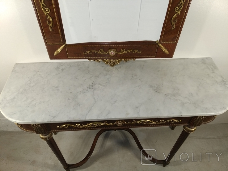 Вінтажний комплект столик і зеркало з мармуром і елементами бронзи арт. 0934, фото №11