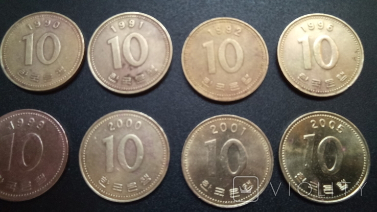 Южная Корея. 10 старых вон. Погодовка - 8 монет, фото №2