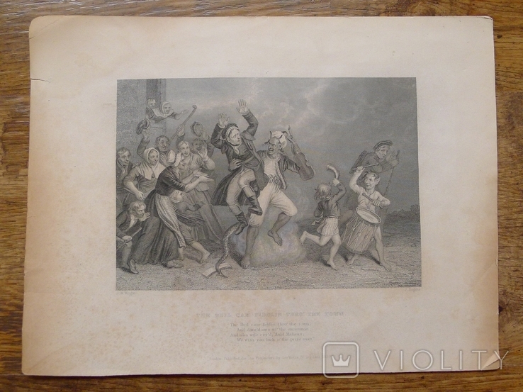 Подписная гравюра 1839 года. Дьявол похищает человека.