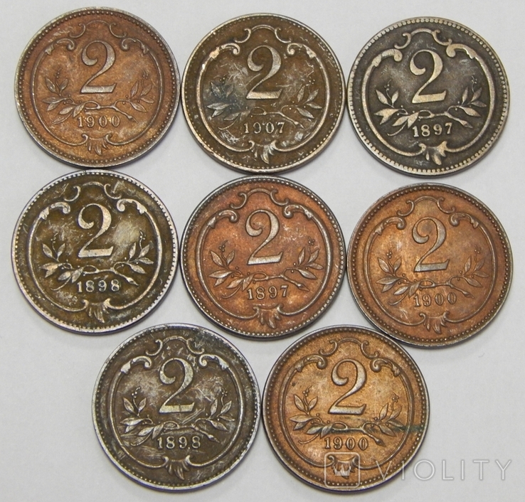 Лот 8 монет по 2 геллера, Австро-Венгрия
