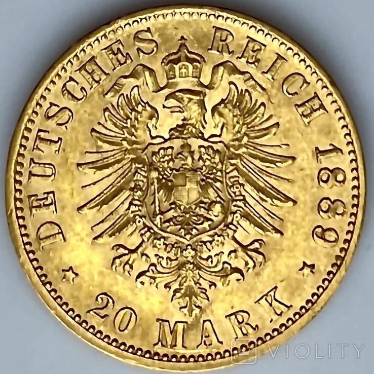 20 марок. 1889. Старый герб. Пруссия (золото 900, вес 7,96 г), фото №3