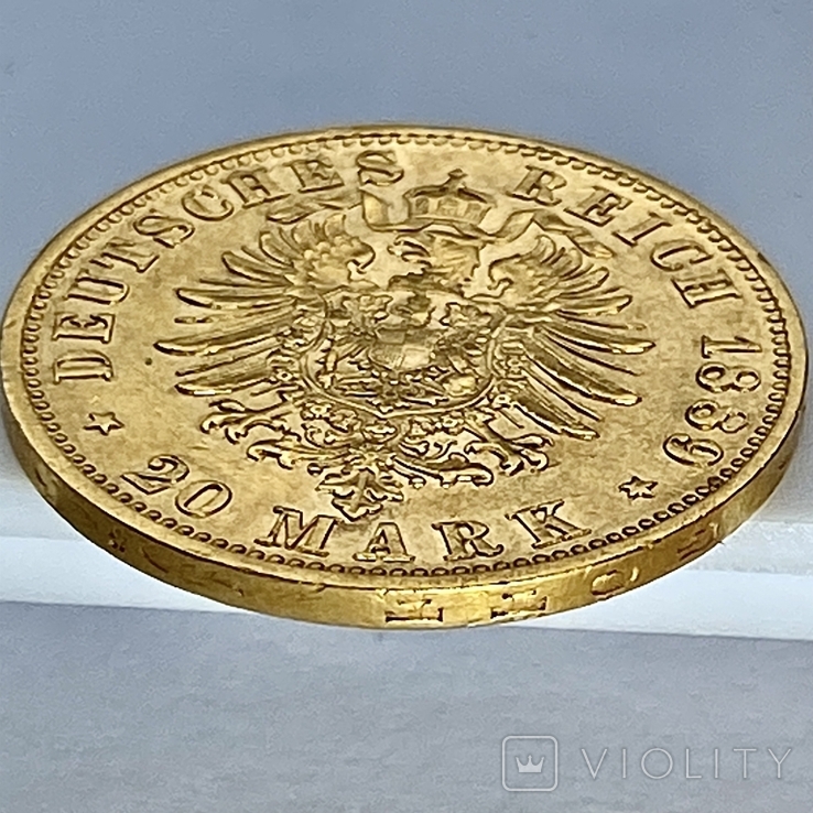20 марок. 1889. Старый герб. Пруссия (золото 900, вес 7,96 г), фото №4