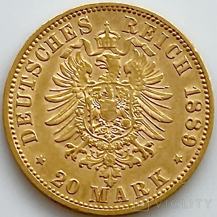 20 марок. 1889. Старый герб. Пруссия (золото 900, вес 7,96 г), фото №12
