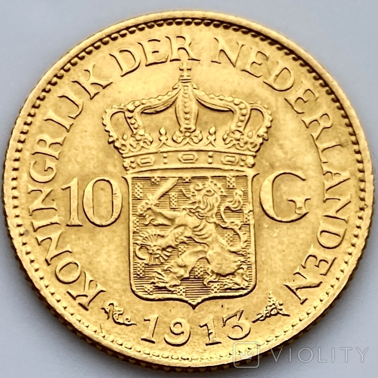 10 гульденов. 1913. Королева Вильгельмина. Нидерланды (золото 900, вес 6,71 г), фото №5
