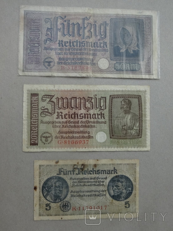 Бони Третій рейх для окупованих територій: 5Reichsmark; 20Reichsmark; 50Reichsmark., фото №2