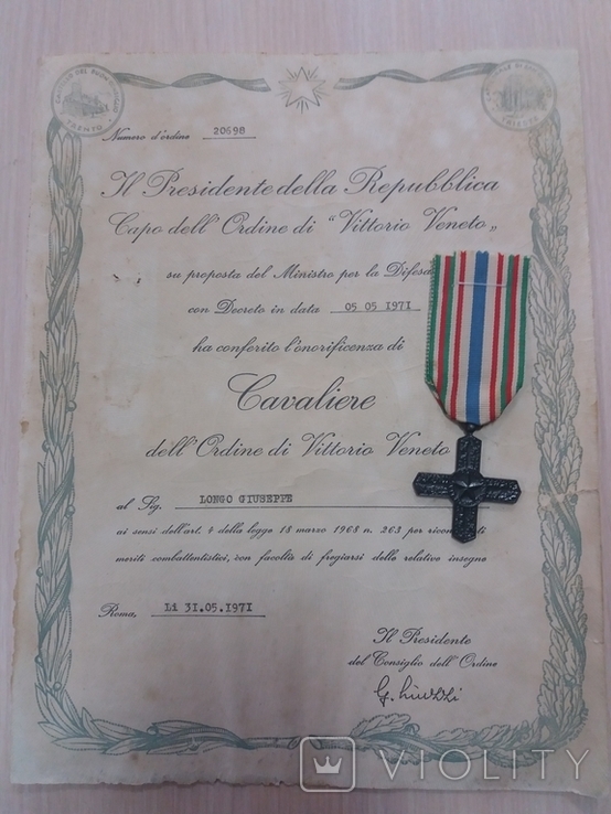 Орден Vittorio Veneto с наградным листом, фото №2
