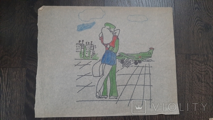 Рисунок на кальке лист дембельского альбома солдат девушка самолет