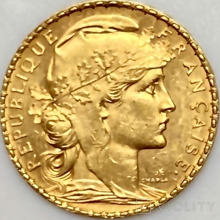 20 франков. 1905. Франция. Петух (золото 900, вес 6,45 г), фото №5
