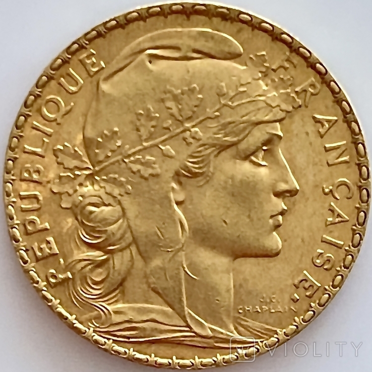 20 франков. 1905. Франция. Петух (золото 900, вес 6,45 г), фото №2