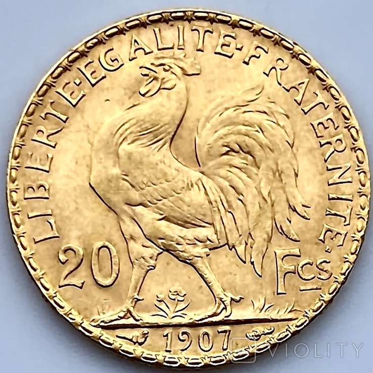 20 франков. 1907. Петух. Франция (золото 900, вес 6,46 г), фото №6