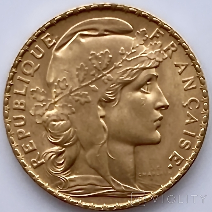 20 франков. 1907. Петух. Франция (золото 900, вес 6,46 г), фото №2