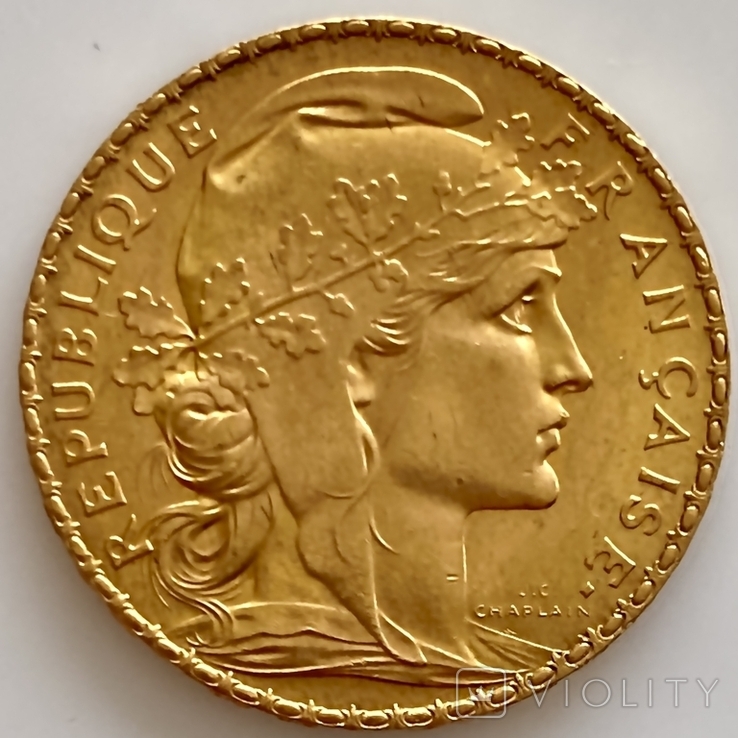 20 франков. 1908. Петух. Франция (золото 900, вес 6,43 г), фото №2