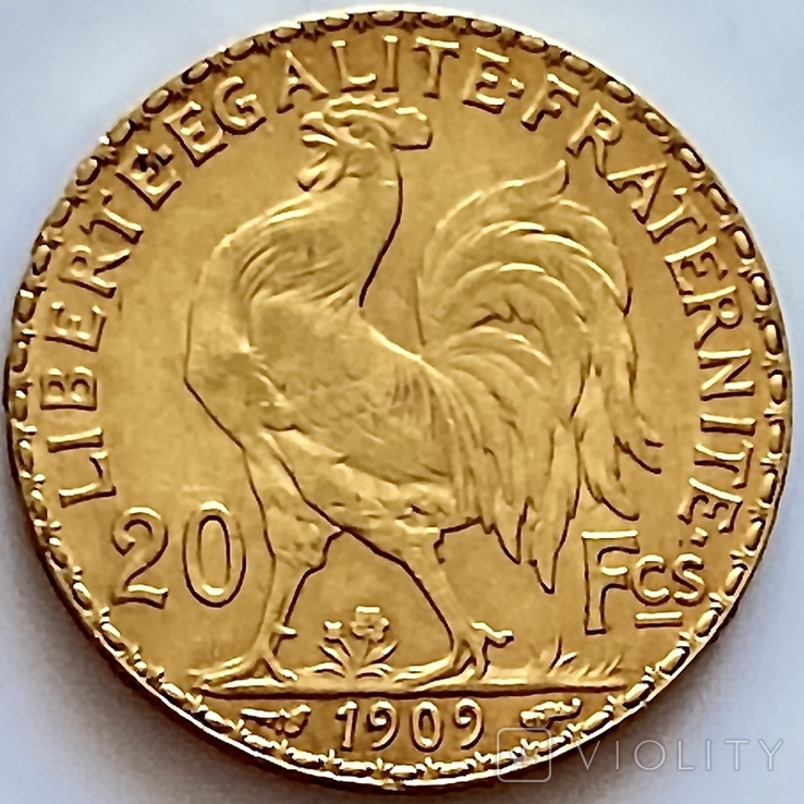 20 франков. 1909. Петух. Франция (золото 900, вес 6,45 г), фото №3