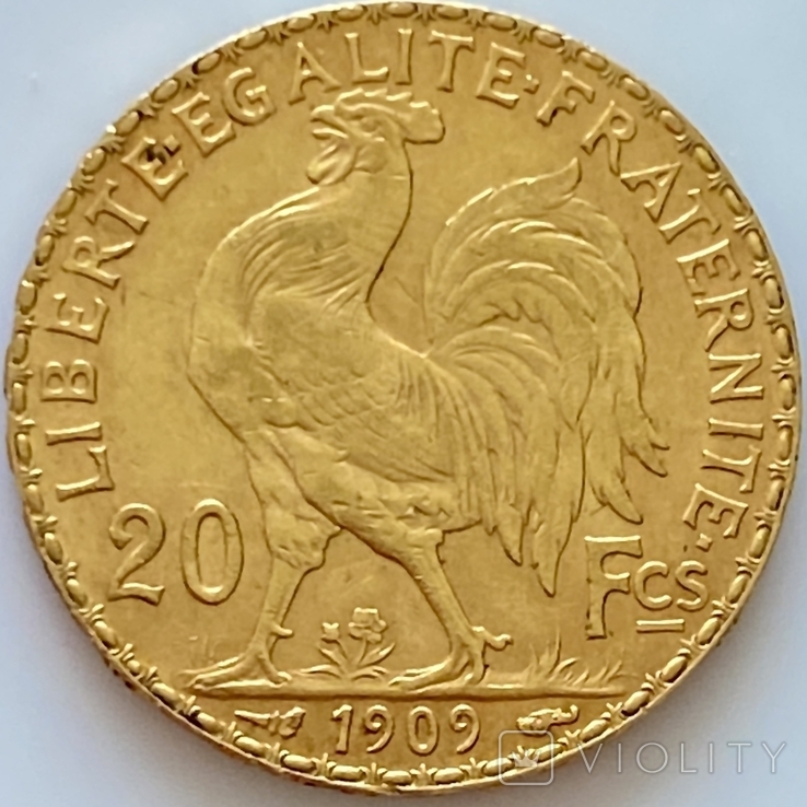 20 франков. 1909. Петух. Франция (золото 900, вес 6,45 г), фото №5
