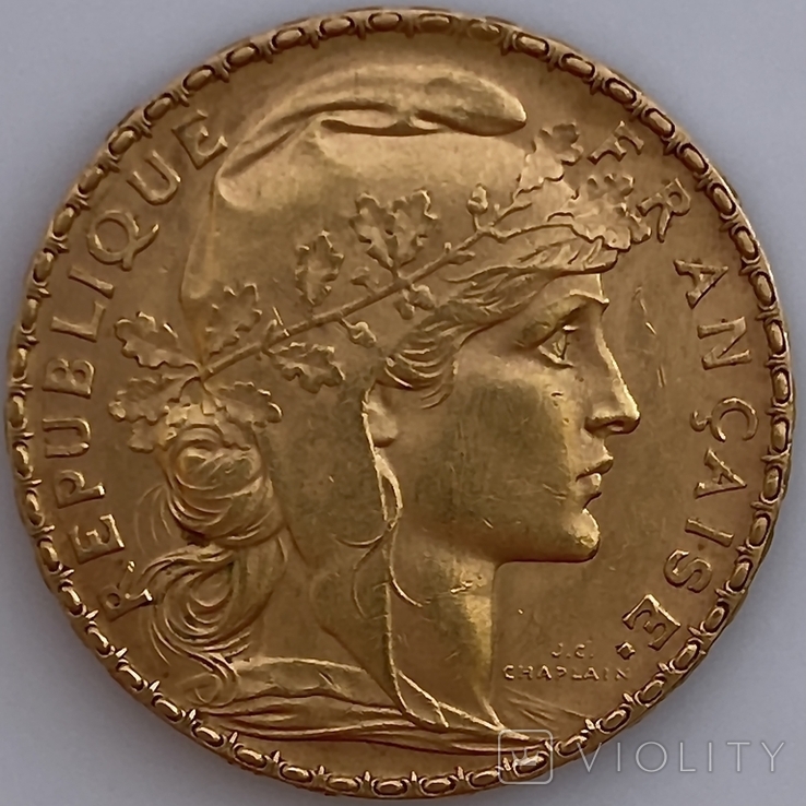 20 франков. 1909. Петух. Франция (золото 900, вес 6,45 г), фото №6