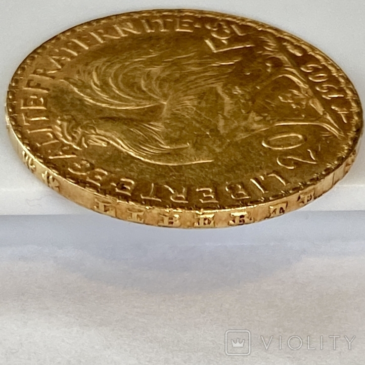 20 франков. 1909. Петух. Франция (золото 900, вес 6,45 г), фото №10