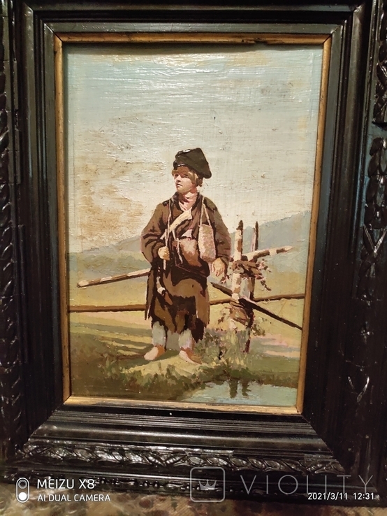 Старинная картина в раме Мальчик у изгороди, фото №4