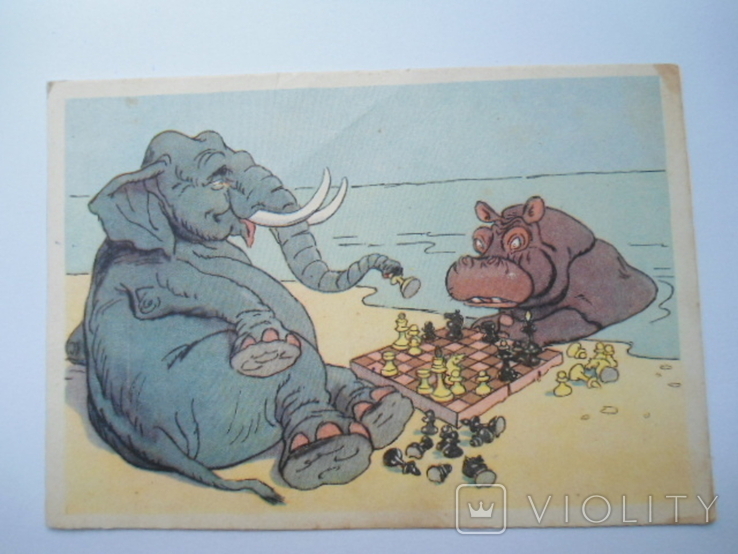 Открытка " Ход слоном" худ. А. Баженов, стихи М. Рутер. 1956 г.