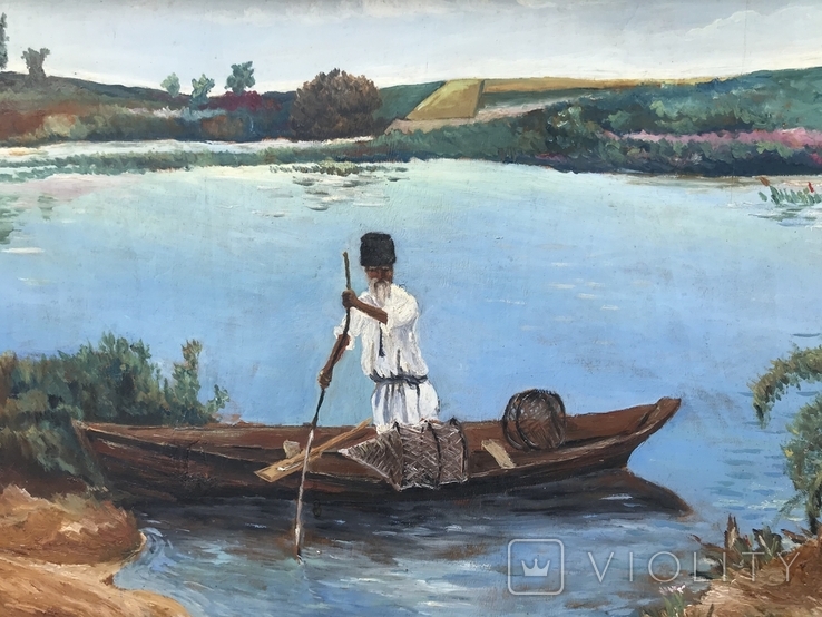 Большая Старинная Картина " Рыбак на Лодке "