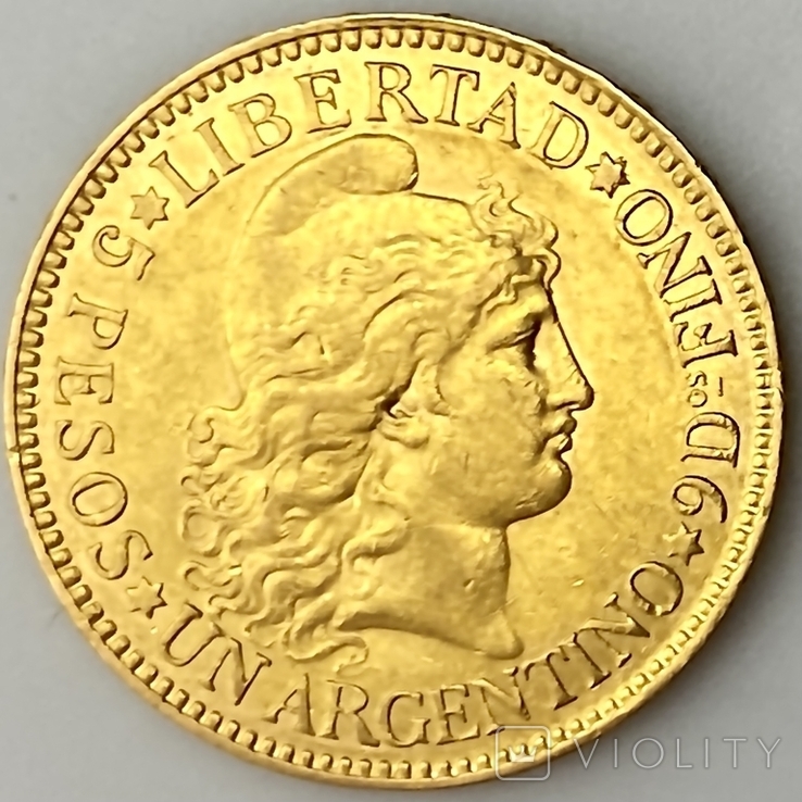 5 песо. 1887. Аргентина (золото 900, вес 8,06 г), фото №12