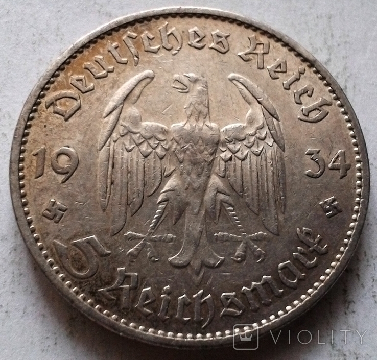 Германия 5 марок 1934 G / серебро, фото №3