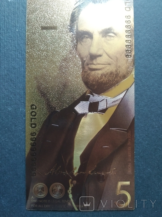 Золотая сувенирная банкнота США (5 Dollars-Авраам Линкольн), фото №5