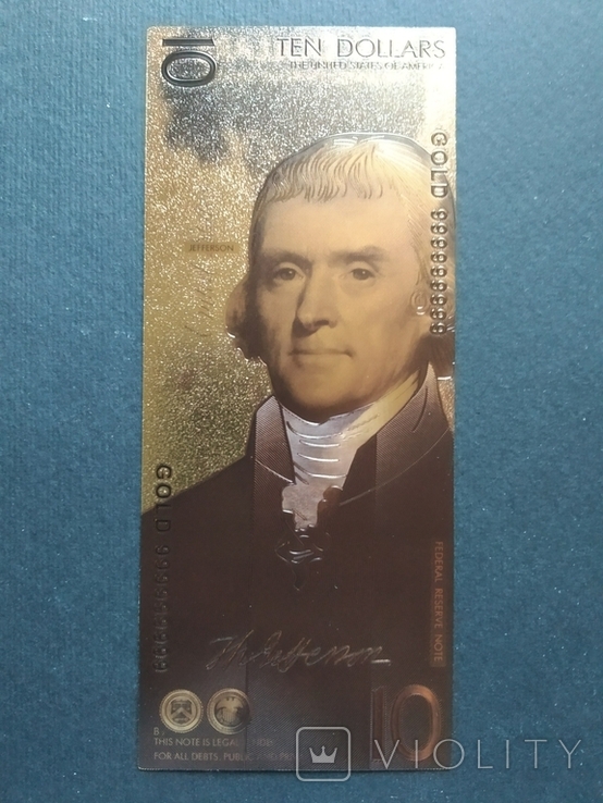 Золотая сувенирная банкнота США (10 Dollars-Александр Гамильтон), фото №2