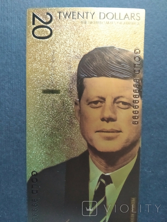 Золотая сувенирная банкнота США (20 Dollars-Джон Фицджералд Кеннеди), фото №4