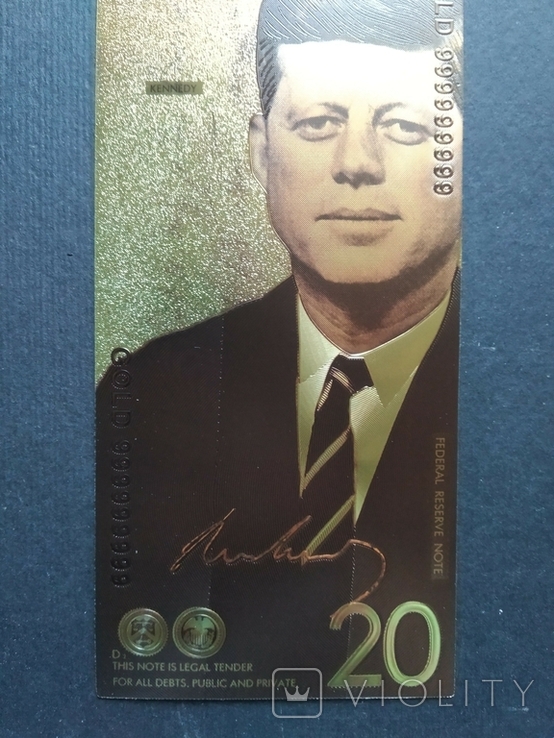 Золотая сувенирная банкнота США (20 Dollars-Джон Фицджералд Кеннеди), фото №5