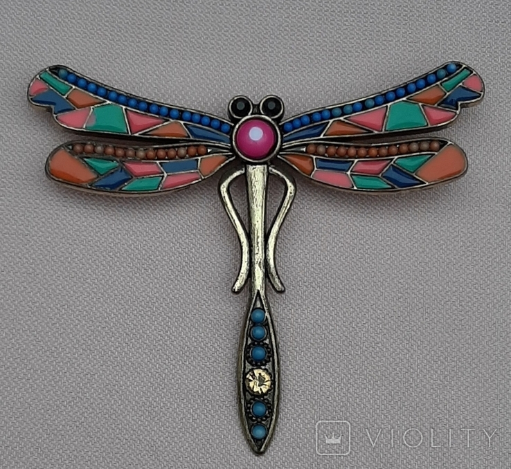 Dragonfly brooch, enamel, beads, glass.