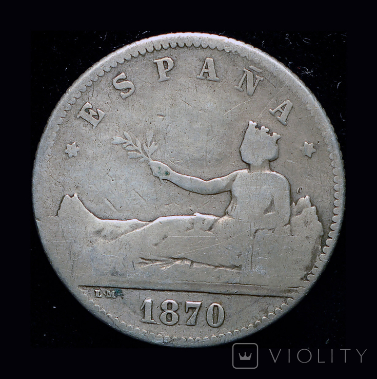 Испания 1 песета 1870 серебро