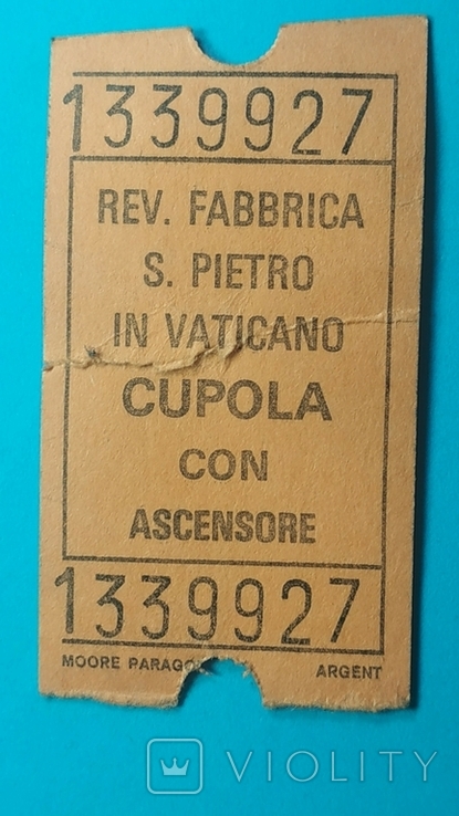 Входной билет - Купол Святого Петра Ватикан Рим 1975г., фото №2