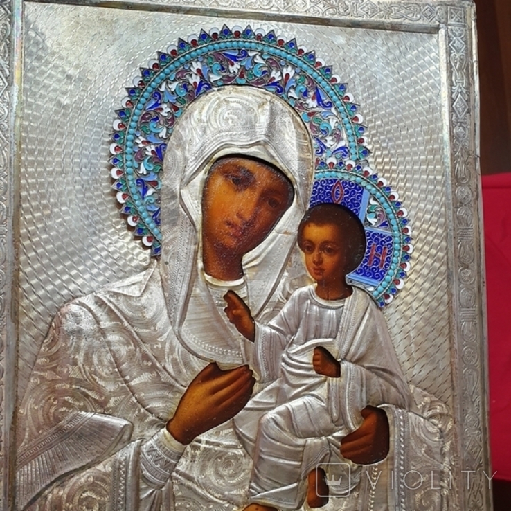 Икона Богородицы. Эмаль, серебро 84пр. Аналой., фото №4