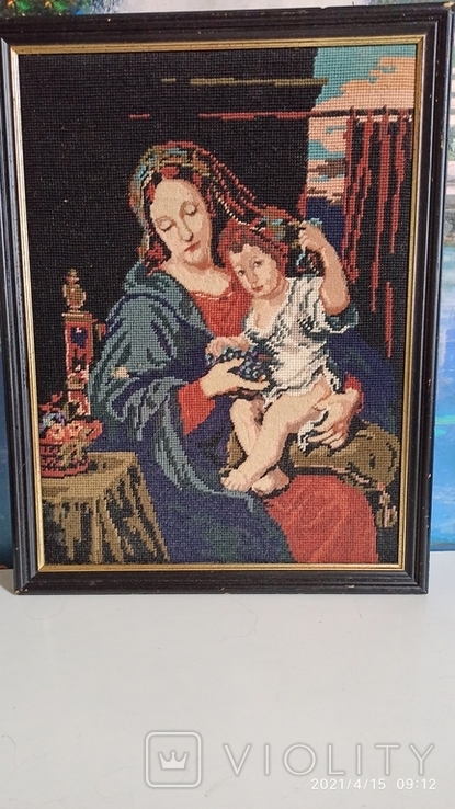 Икона. Старинный гобелен "Мадонна с младенцем", 48 х 38 см, довоенная Германия, фото №3