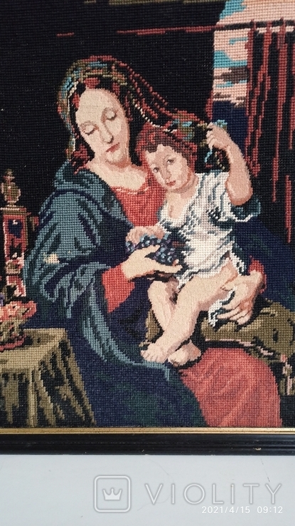 Икона. Старинный гобелен "Мадонна с младенцем", 48 х 38 см, довоенная Германия, фото №4