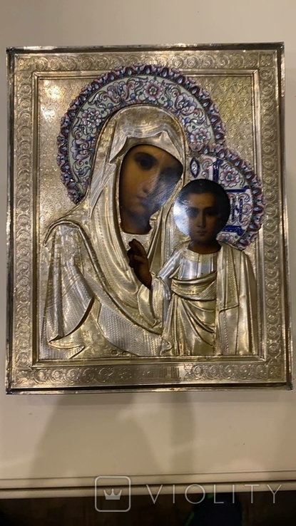 Икона Казанской Божьей матери Серебро, расписные эмали, фото №3