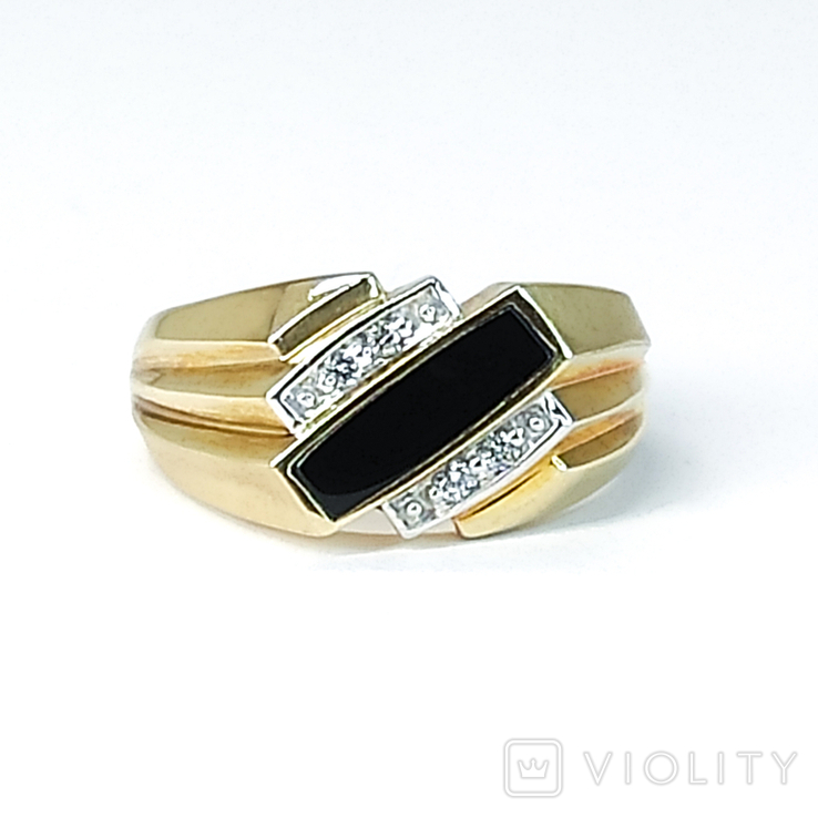 Мужское золотое (10к) кольцо с черным ониксом и бриллиантами, фото №2