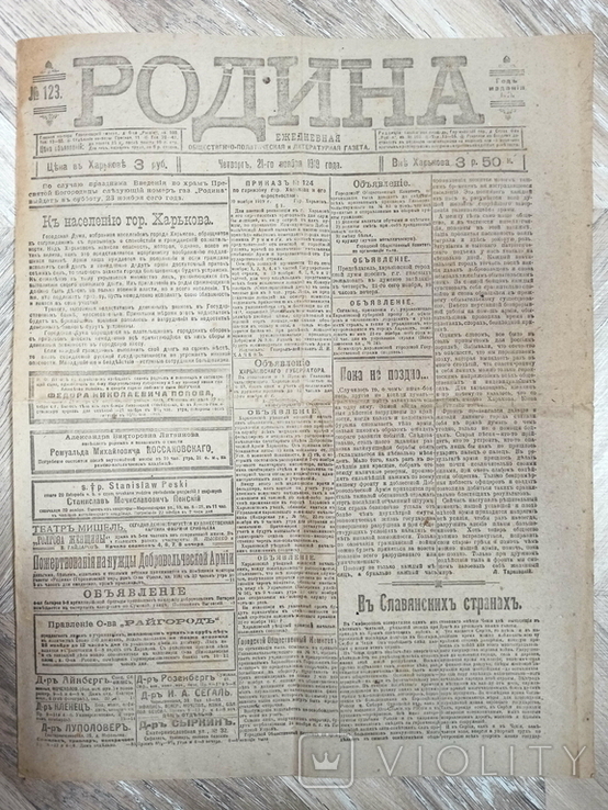 Газета "РОДИНА" от 21 ноября 1919. Харьков