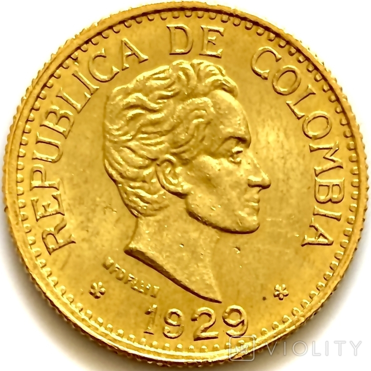 5 песо. 1929. Колумбия (золото 917, вес 7,97 г), фото №2