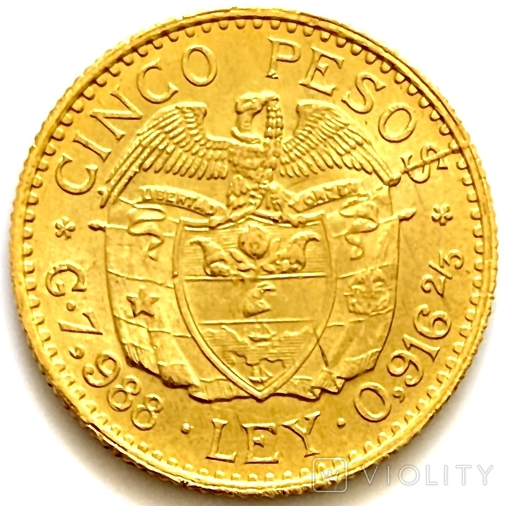 5 песо. 1929. Колумбия (золото 917, вес 7,97 г), фото №3