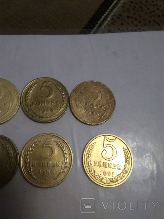 8 монет періоду СССР номіналом 5 копеек роки1929/1936/1943/1946/1948/1955/1956/1991, фото №5