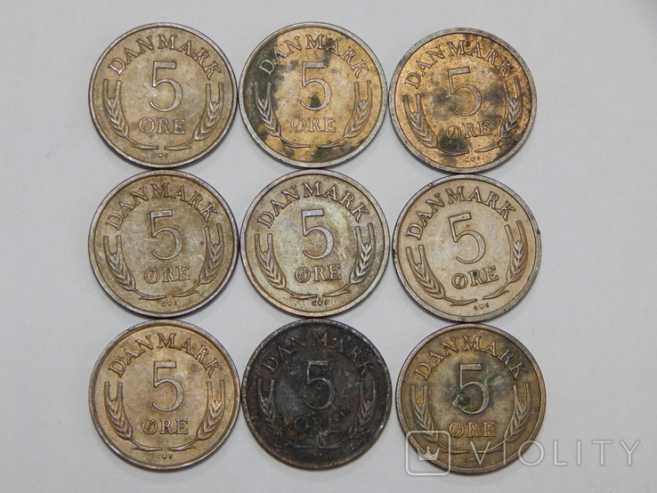 9 монет по 5 оре, Дания