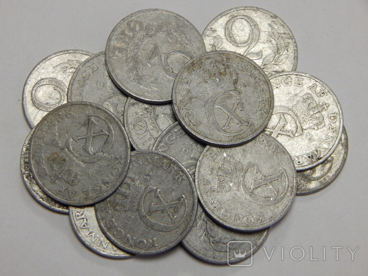 Лот 15 монет по 2 оре, Дания