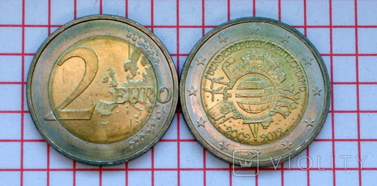 Германия 2 евро, 2012 10 лет евро наличными, из ролла, фото №4